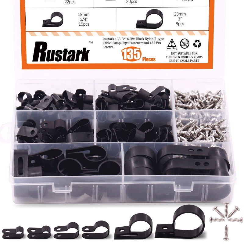 Rustark 135 Pcs 6 Size Black Nylon R-Type Cable Clamp Clips Fasteners Assortment kit with Mounting Screw and 135 Pcs Screws Organizer Cord Clips for Wire Management - Image 1